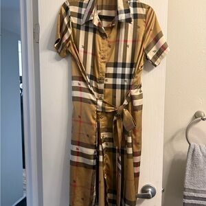 Source Unknown Tan Plaid Midi Dress